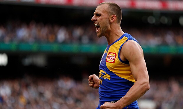 AFL 2018 Toyota AFL Grand Final - West Coast v Collingwood MELBOURNE, AUSTRALIA - SEPTEMBER 29: Dom Sheed of the Eagles celebrates a goal during the 2018 Toyota AFL Grand Final match between the West Coast Eagles and the Collingwood Magpies at the Melbourne Cricket Ground on September 29, 2018 in Melbourne, Australia. (Photo by Michael Willson/AFL Media)